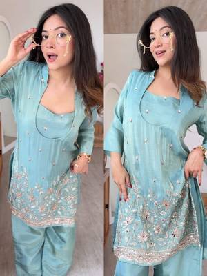 Sky blue silk crepe heavy thread embroidery work kurta & blouse with palazzo set 4