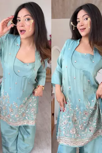 Sky blue silk crepe heavy thread embroidery work kurta & blouse with palazzo set