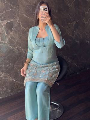 Sky blue silk crepe heavy thread embroidery work kurta & blouse with palazzo set 5