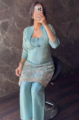 Sky blue silk crepe heavy thread embroidery work kurta & blouse with palazzo set