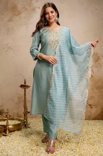 Sea green roman silk heavy thread embroidery work kurta pant set