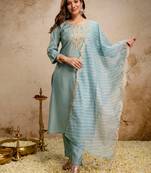 Sea green roman silk heavy thread embroidery work kurta pant set