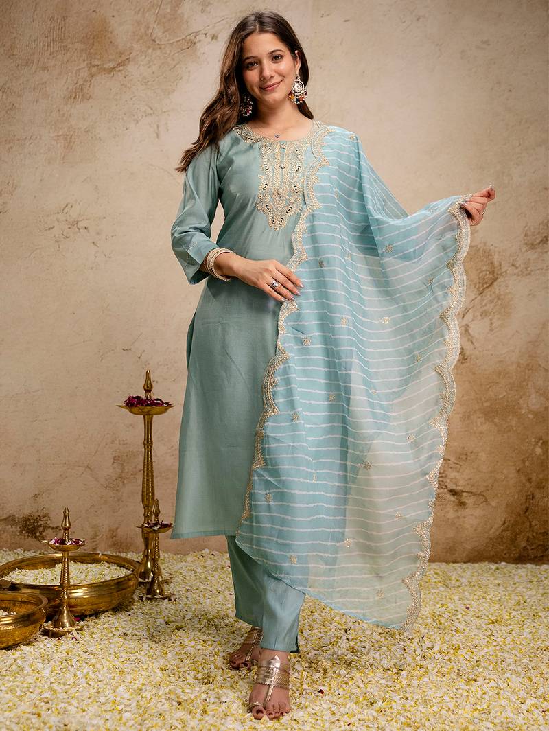 Sea green roman silk heavy thread embroidery work kurta pant set