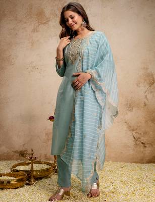 Sea green roman silk heavy thread embroidery work kurta pant set 2