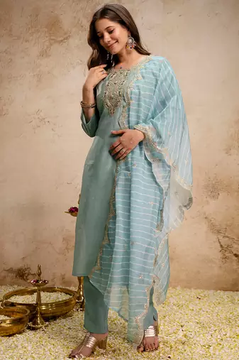 Sea green roman silk heavy thread embroidery work kurta pant set