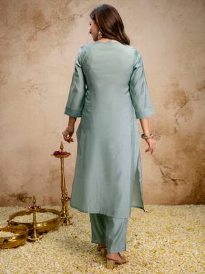 Sea green roman silk heavy thread embroidery work kurta pant set 3