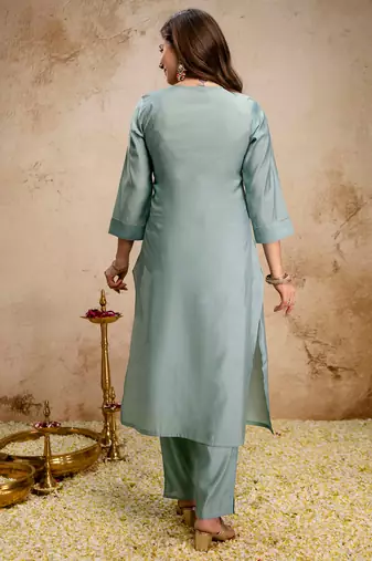 Sea green roman silk heavy thread embroidery work kurta pant set