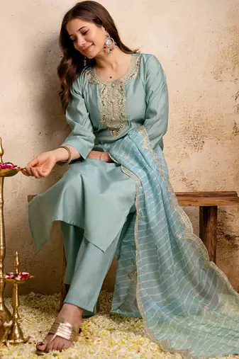 Sea green roman silk heavy thread embroidery work kurta pant set
