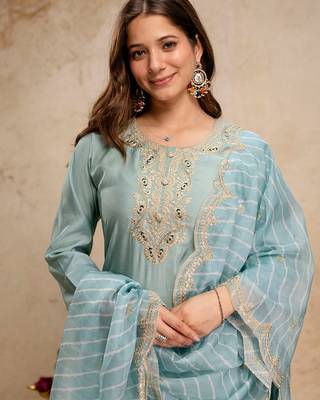 Sea green roman silk heavy thread embroidery work kurta pant set 5