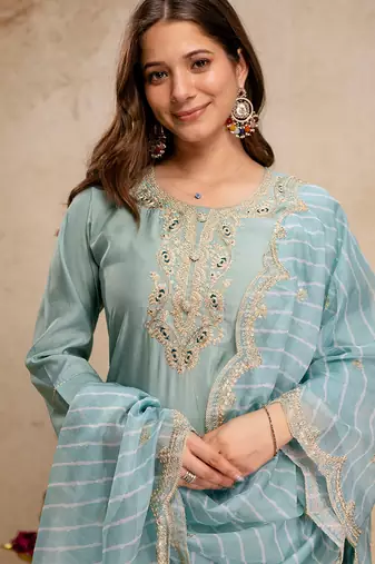 Sea green roman silk heavy thread embroidery work kurta pant set