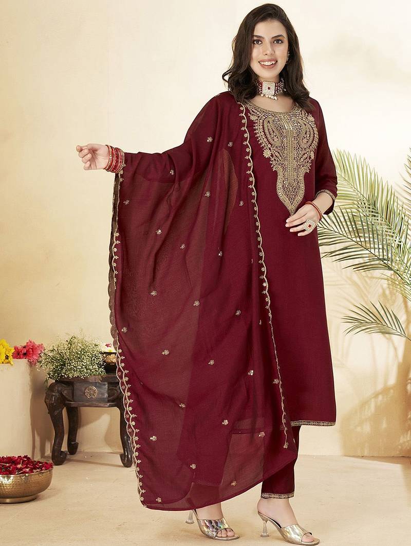 Maroon vichitra heavy thread embroidery work kurta pant set