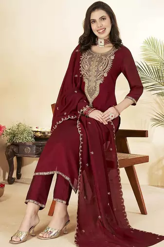 Maroon vichitra heavy thread embroidery work kurta pant set