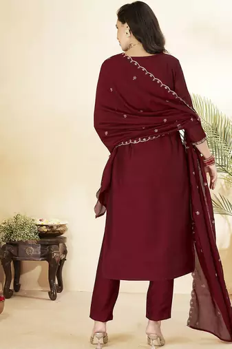 Maroon vichitra heavy thread embroidery work kurta pant set
