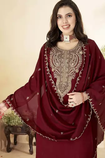 Maroon vichitra heavy thread embroidery work kurta pant set