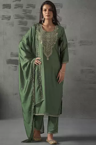 Green vichitra heavy thread embroidery work kurta pant set