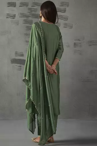 Green vichitra heavy thread embroidery work kurta pant set