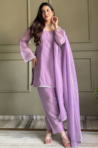 Lavender crunchy silk zardosi with lace work kurta patiala set