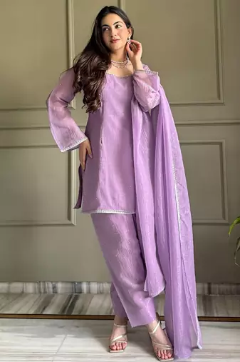 Lavender crunchy silk zardosi with lace work kurta patiala set
