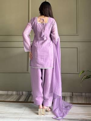 Lavender crunchy silk zardosi with lace work kurta patiala set 3