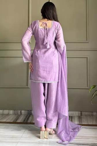 Lavender crunchy silk zardosi with lace work kurta patiala set