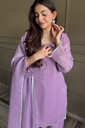 Lavender crunchy silk zardosi with lace work kurta patiala set