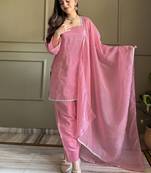 Pink crunchy silk zardosi with lace work kurta patiala set