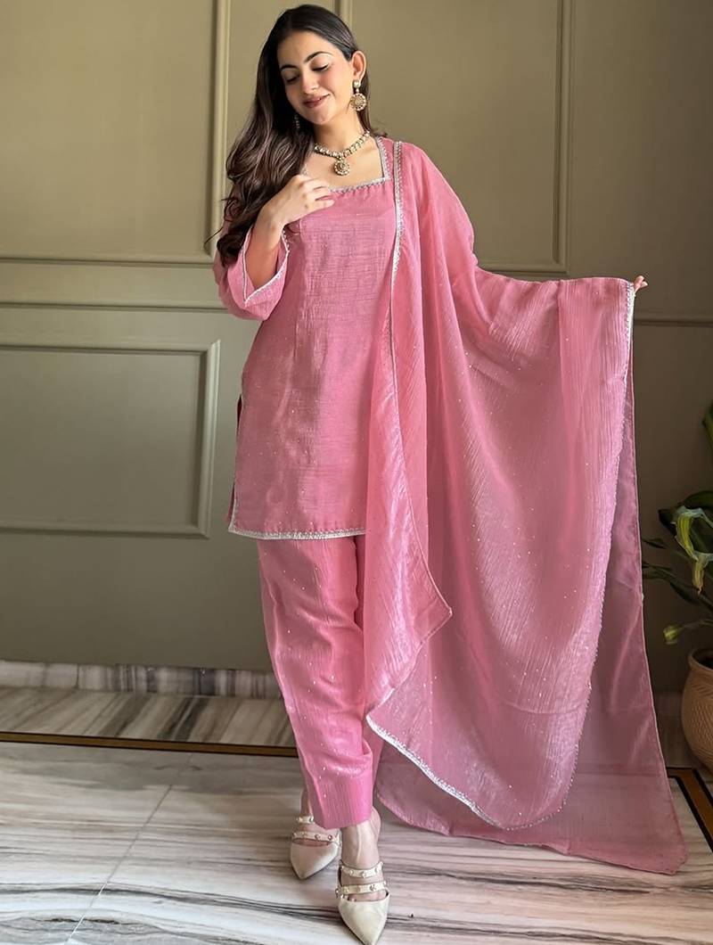Pink crunchy silk zardosi with lace work kurta patiala set