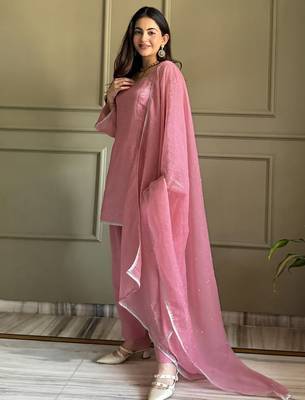 Pink crunchy silk zardosi with lace work kurta patiala set 2