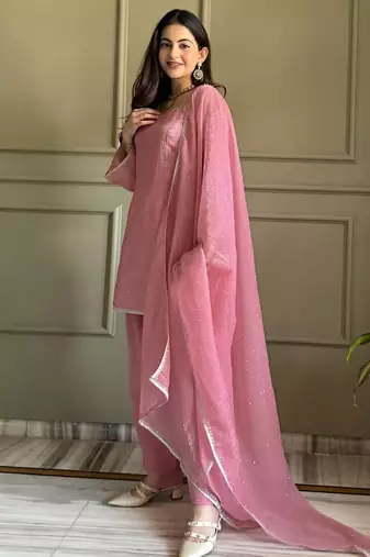 Pink crunchy silk zardosi with lace work kurta patiala set