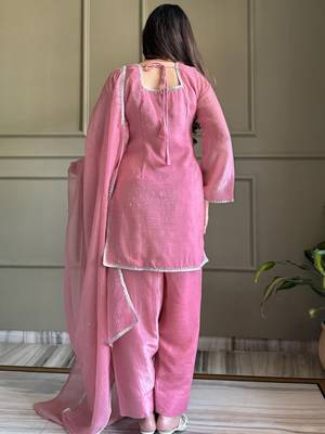 Pink crunchy silk zardosi with lace work kurta patiala set 3