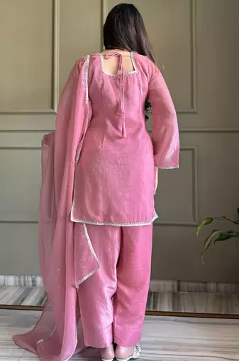 Pink crunchy silk zardosi with lace work kurta patiala set