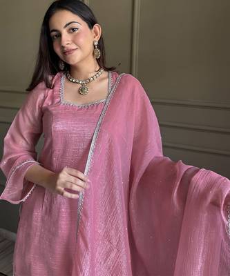 Pink crunchy silk zardosi with lace work kurta patiala set 4