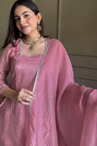 Pink crunchy silk zardosi with lace work kurta patiala set