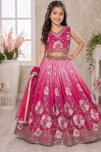 Pink chinon silk sequence embroidered work & digital print kids wedding lehenga choli