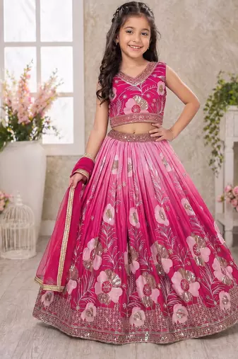 Pink chinon silk sequence embroidered work & digital print kids wedding lehenga choli
