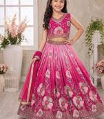 Pink chinon silk sequence embroidered work & digital print kids wedding lehenga choli