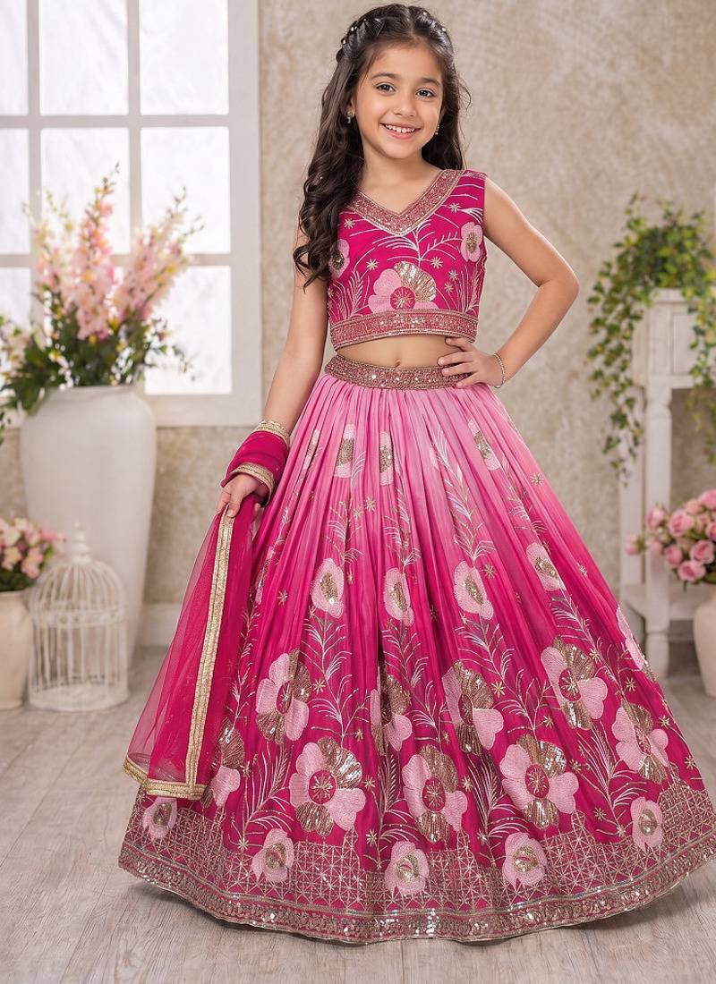Pink chinon silk sequence embroidered work & digital print kids wedding lehenga choli