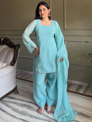 Sky blue crunchy silk zardosi with lace work kurta patiala set 1
