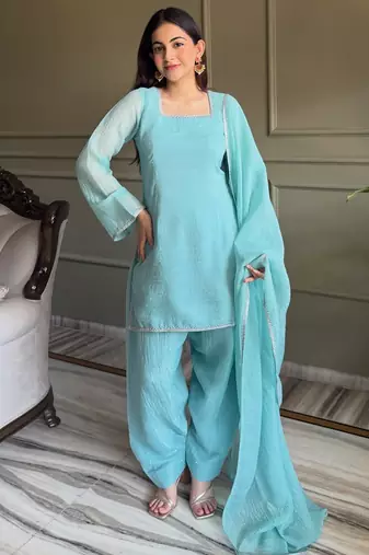 Sky blue crunchy silk zardosi with lace work kurta patiala set
