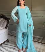 Sky blue crunchy silk zardosi with lace work kurta patiala set
