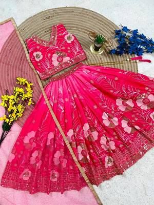 Pink chinon silk sequence embroidered work & digital print kids wedding lehenga choli 2