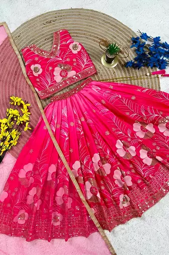Pink chinon silk sequence embroidered work & digital print kids wedding lehenga choli