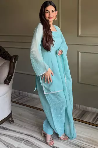 Sky blue crunchy silk zardosi with lace work kurta patiala set