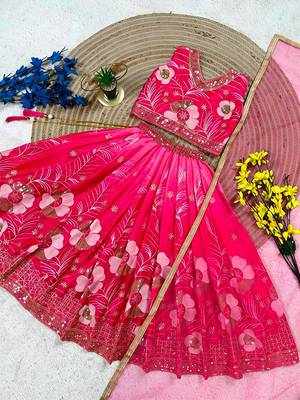 Pink chinon silk sequence embroidered work & digital print kids wedding lehenga choli 3