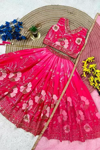 Pink chinon silk sequence embroidered work & digital print kids wedding lehenga choli