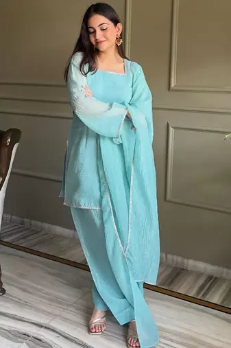 Sky blue crunchy silk zardosi with lace work kurta patiala set