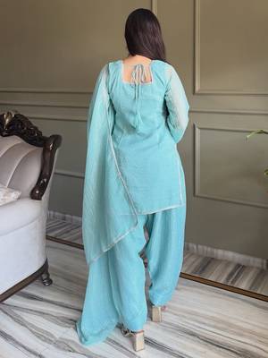 Sky blue crunchy silk zardosi with lace work kurta patiala set 4