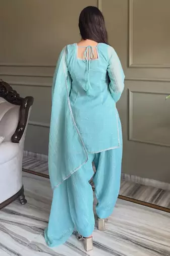 Sky blue crunchy silk zardosi with lace work kurta patiala set