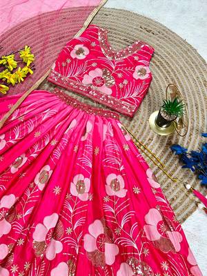 Pink chinon silk sequence embroidered work & digital print kids wedding lehenga choli 4