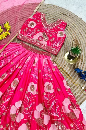 Pink chinon silk sequence embroidered work & digital print kids wedding lehenga choli